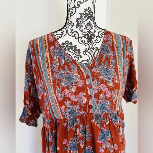 NWT Angie Women’s Brown Blue Floral Short Sleeve Boho Peasant Mini Dress Size M - Picture 4 of 9
